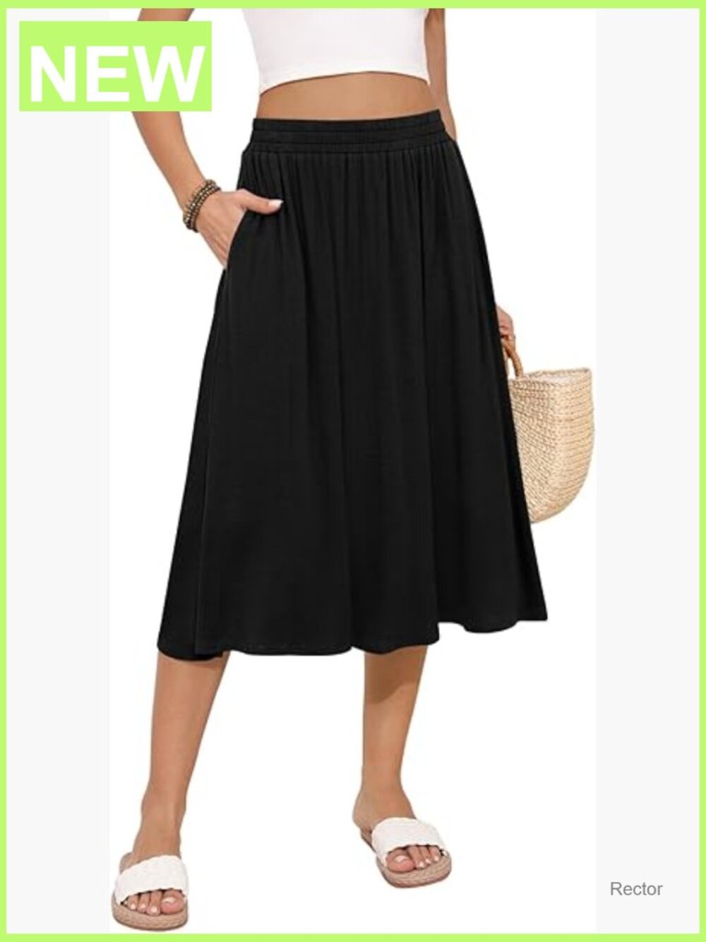 Midi Skirt Summer Flowy Elastic High Waisted Pleated with Pockets